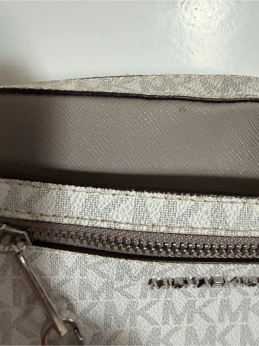 Michael Kors White and Taupe Signature Crossbody with Chain Detail